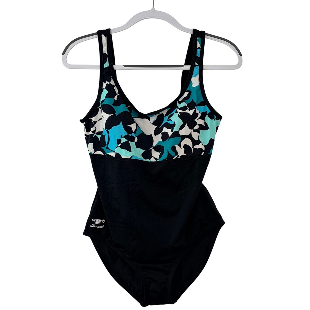 Speedo One Piece Swimsuit 10 Black Teal Floral